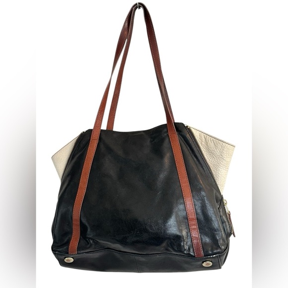 Fossil 2 in One Tote Expandable Black Brown Goat Hide Leather Side Zippers - Picture 4 of 11